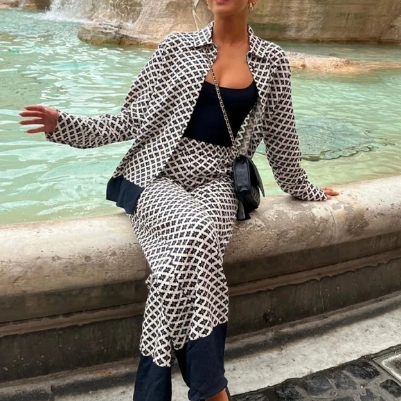 Chic Satin Blouse Long Sleeve Lapel Shirt+Elastic Waist Casual Trousers 2 set - Picture 2 of 5